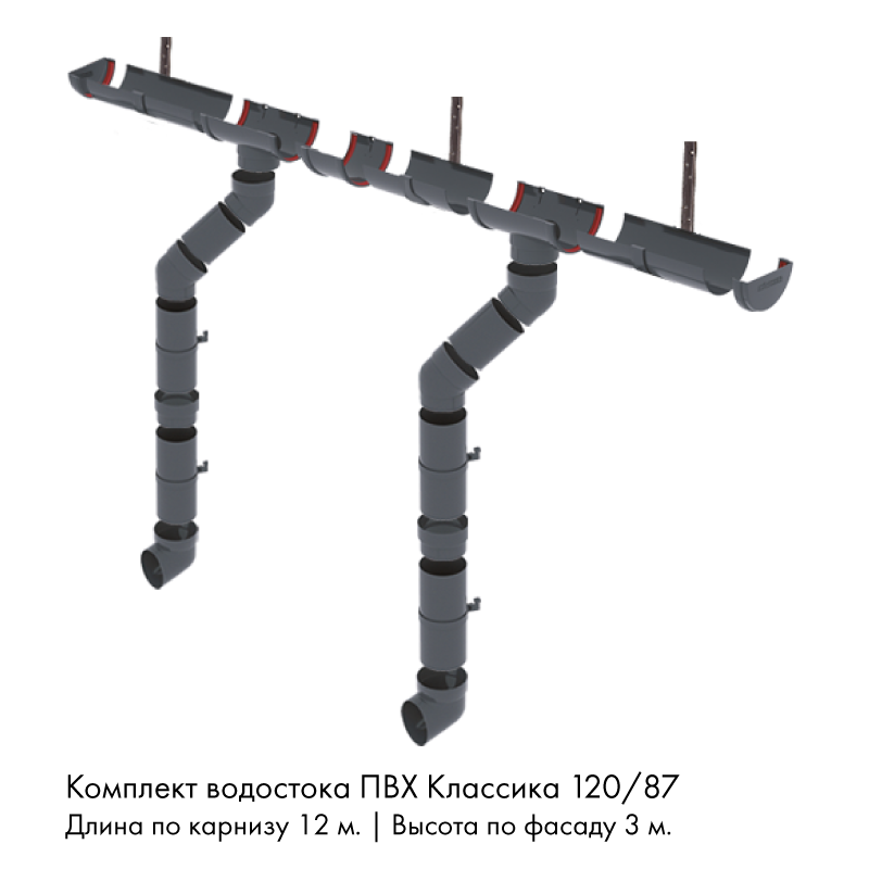 Комплект водостока 12 x 3 м. Grand Line ПВХ Классика 120/87 кронштейны металл Графит RAL7024