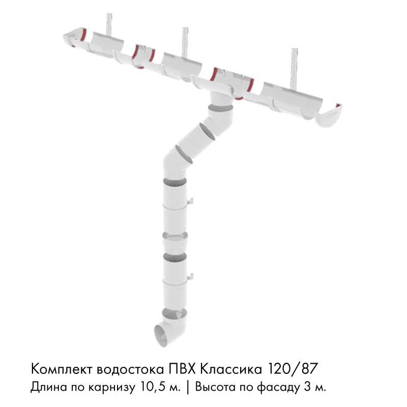 Комплект водостока 10,5 x 3 м. Grand Line ПВХ Классика 120/87 кронштейны металл Белый RAL9003