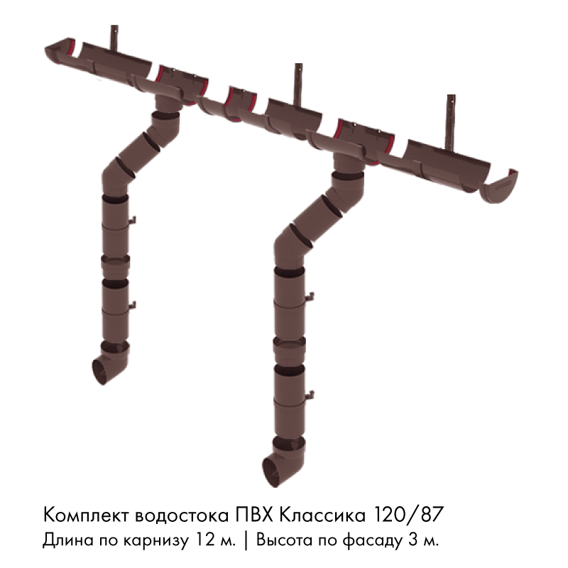 Комплект водостока 12 x 3 м. Grand Line ПВХ Классика 120/87 кронштейны металл Шоколад RAL8017