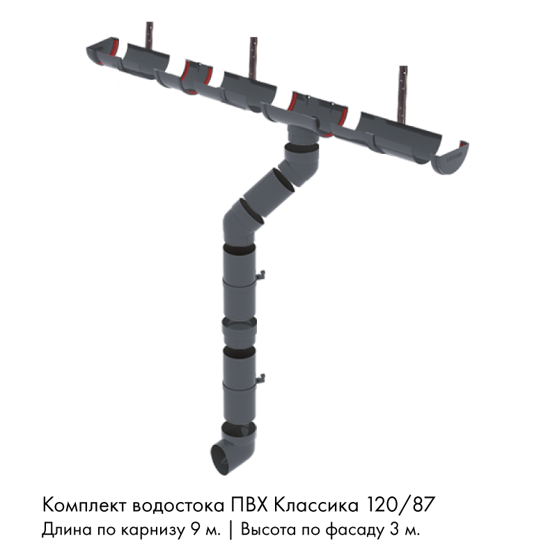 Комплект водостока 9 x 3 м. Grand Line ПВХ Классика 120/87 кронштейны металл Графит RAL7024