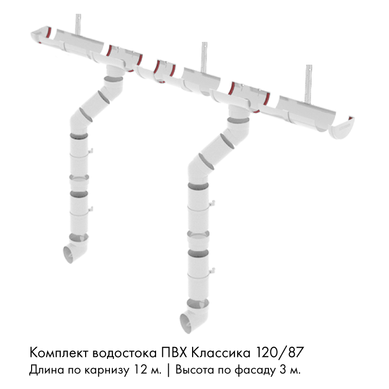 Комплект водостока 12 x 3 м. Grand Line ПВХ Классика 120/87 кронштейны металл Белый RAL9003